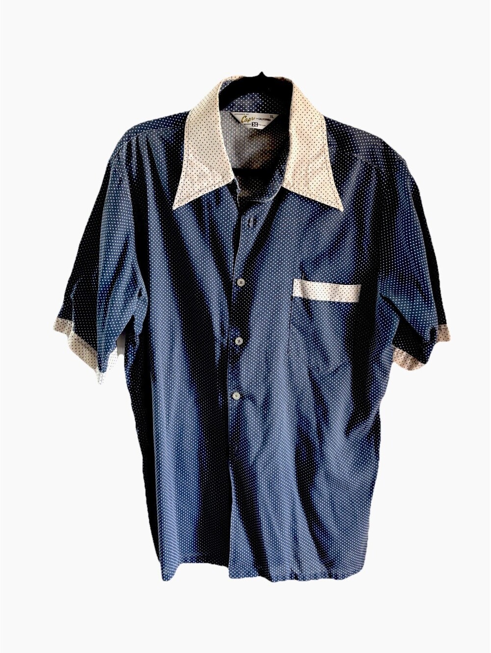 VINTAGE Cap's of California Shirt XL Blue White Polka Dot Short Sleeve